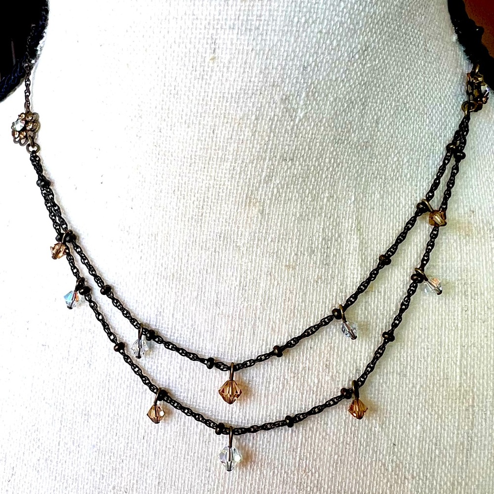 Liz Palacios SF Dainty Antiqued Tone Double Chain Dangling Crystals Necklace EUC